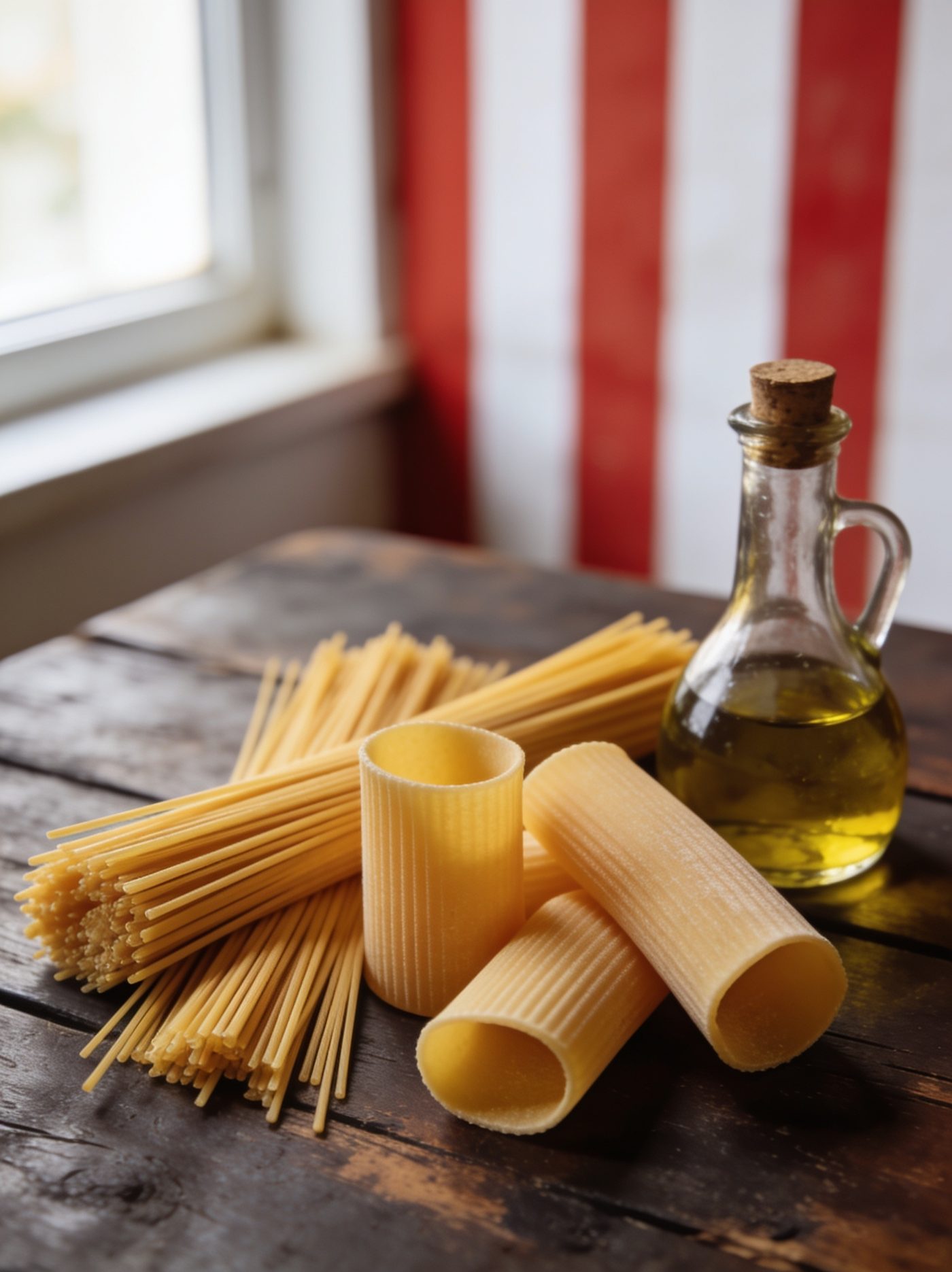 Bronzegezogene italienische Pasta mit Olivenöl auf dunklem Holztisch
