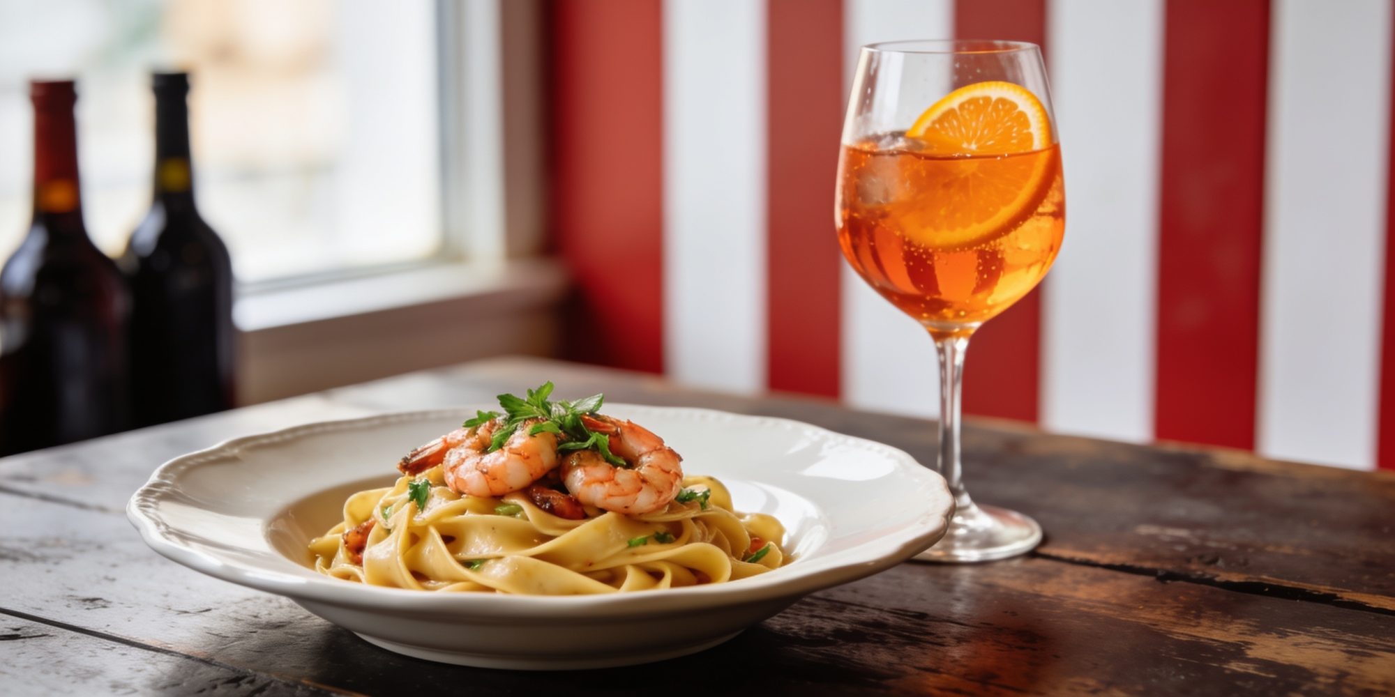 Fettuccine mit Gambas und Aperol Spritz auf dunklem Holztisch vor der rot-weiß gestreiften Wand